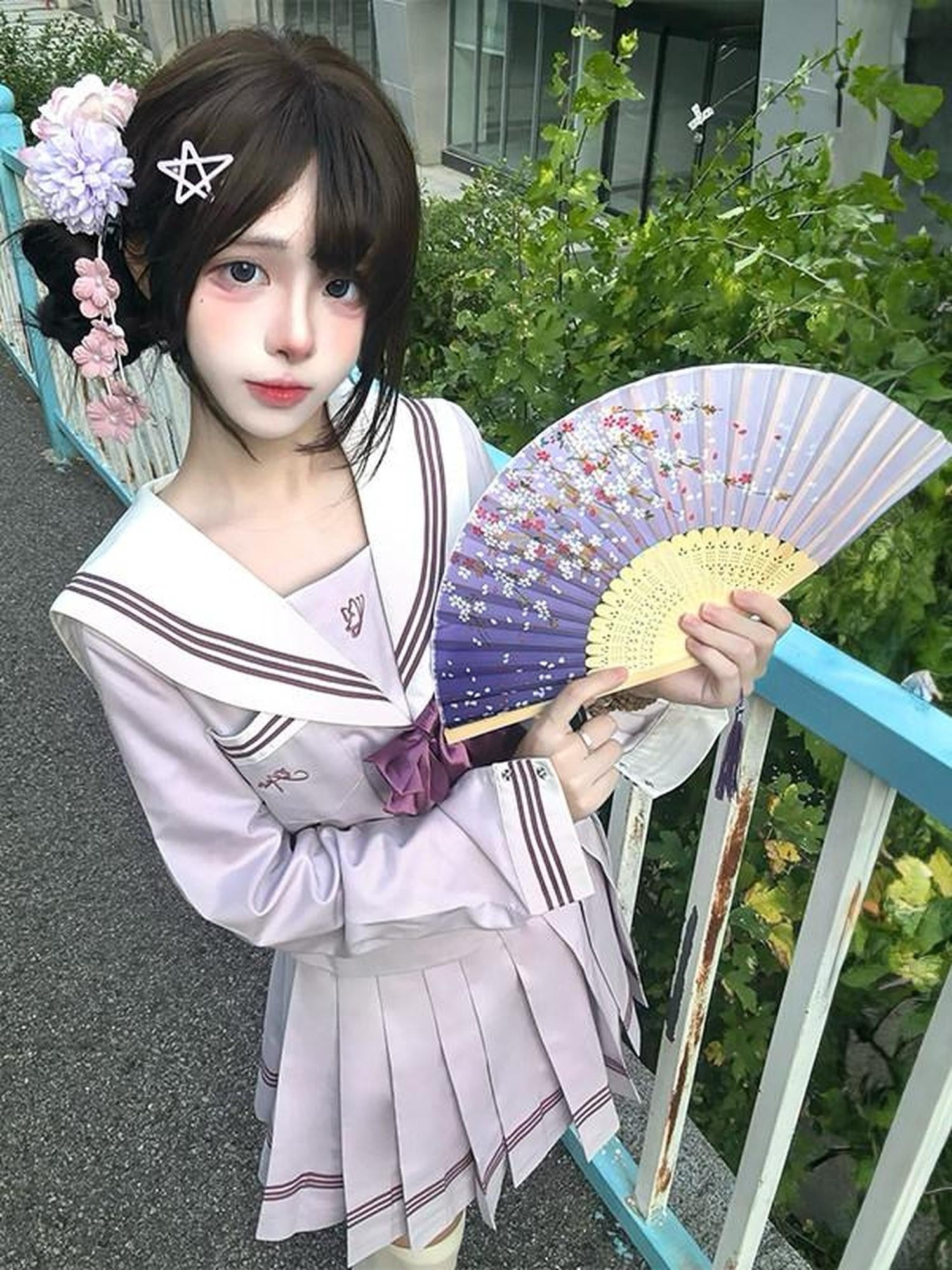 Sweet Kawaii JK Purple Mist Lily Jk Sailor Collar Waist Cinched Long Sleeve Women's Skirt Sets