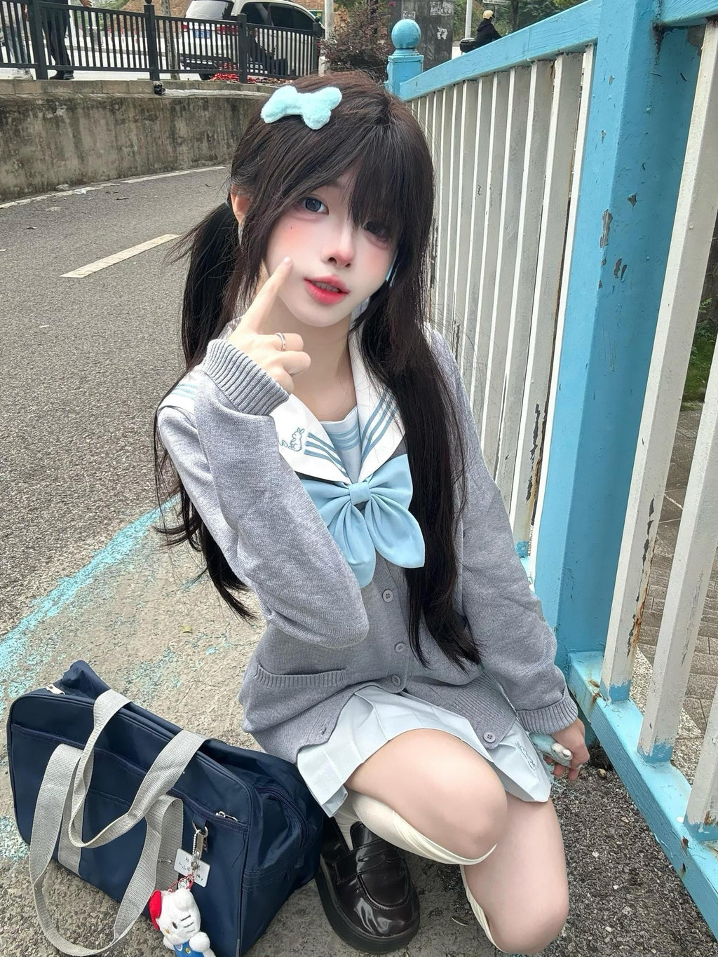 Sweet Kawaii JK Rabbit Ear Bow Fitted Waist Sailor Women's Polyester Skirt Sets
