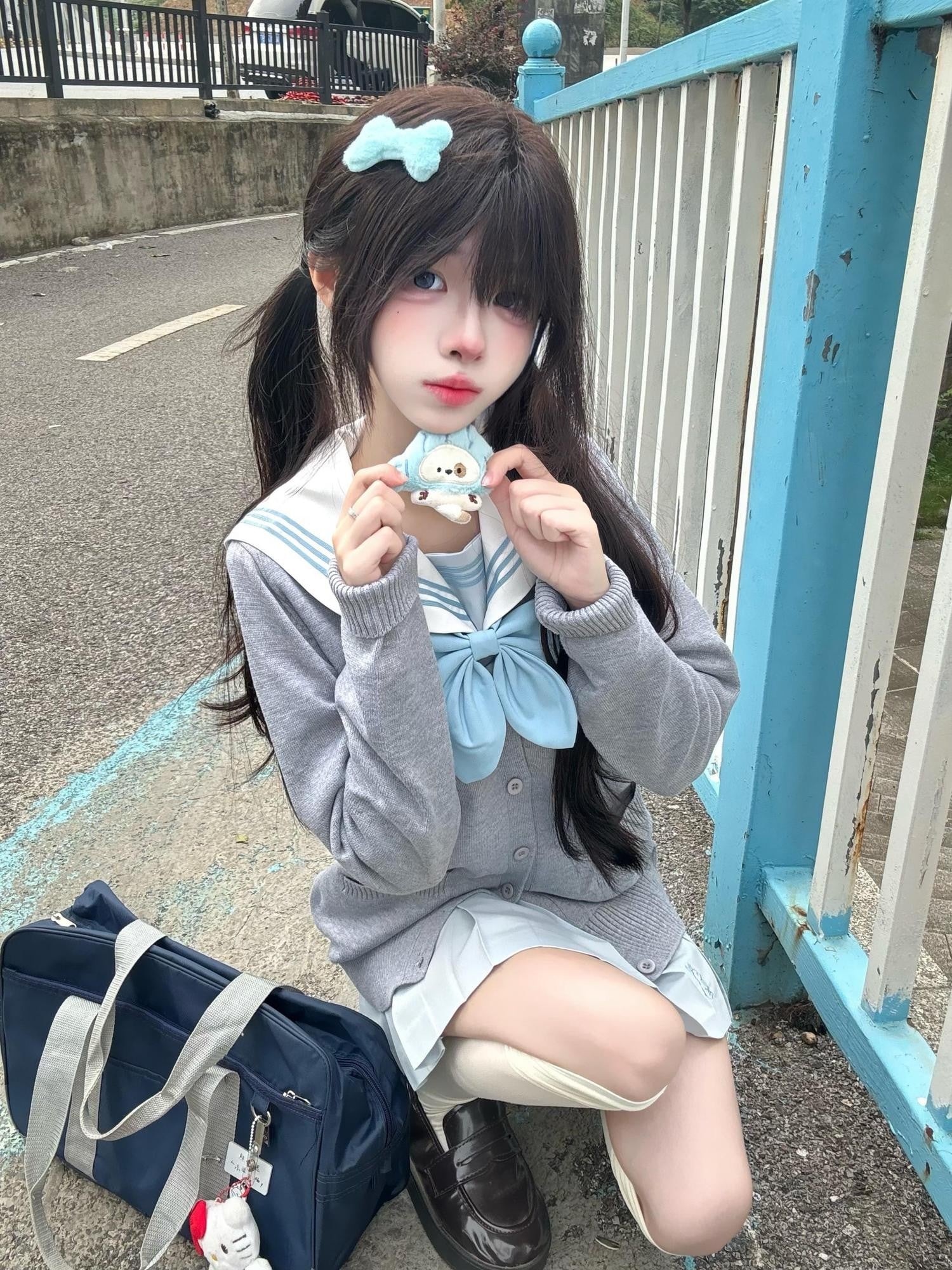 Sweet Kawaii JK Rabbit Ear Bow Fitted Waist Sailor Women's Polyester Skirt Sets
