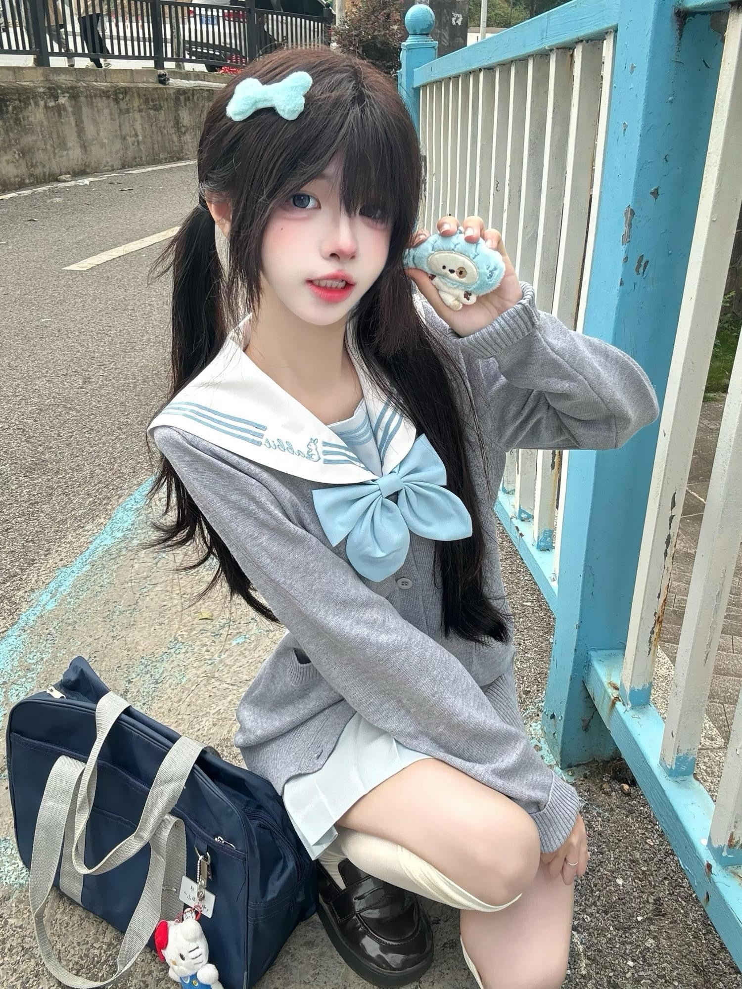 Sweet Kawaii JK Rabbit Ear Bow Fitted Waist Sailor Women's Polyester Skirt Sets