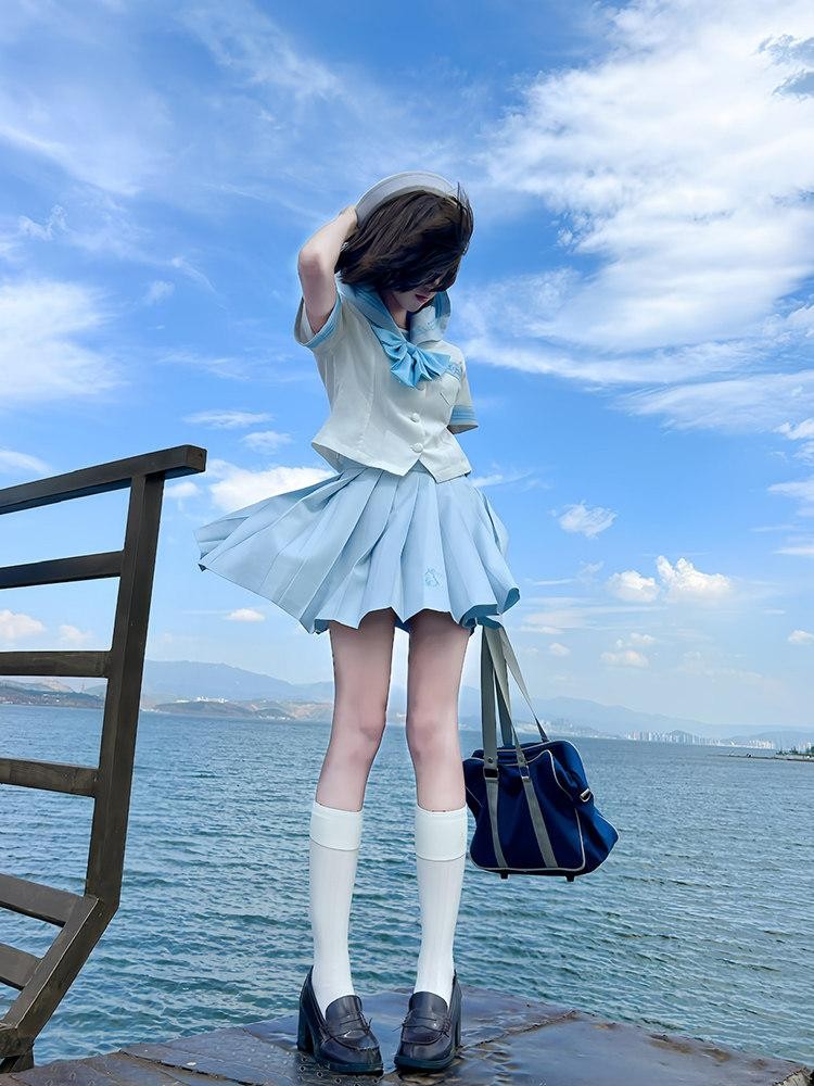 Sweet Kawaii JK Rabbit Ear Bow Fitted Waist Sailor Women's Polyester Skirt Sets
