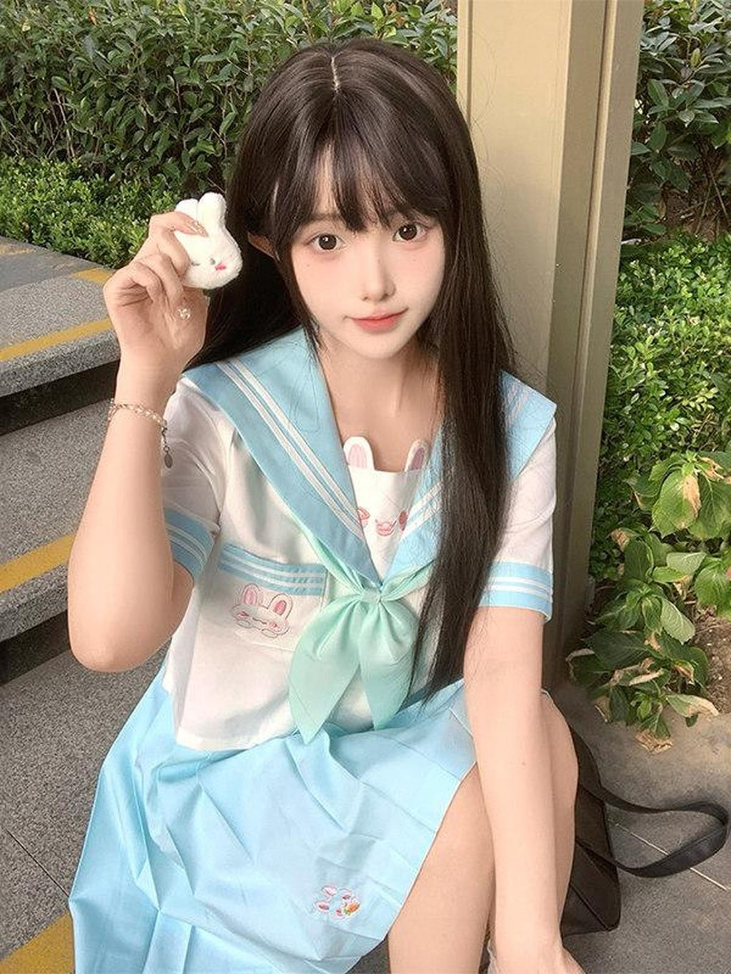 Sweet Kawaii JK Rabbit Sailor Collar Japanese Short Sleeve Short Skirt Women's Skirt Sets