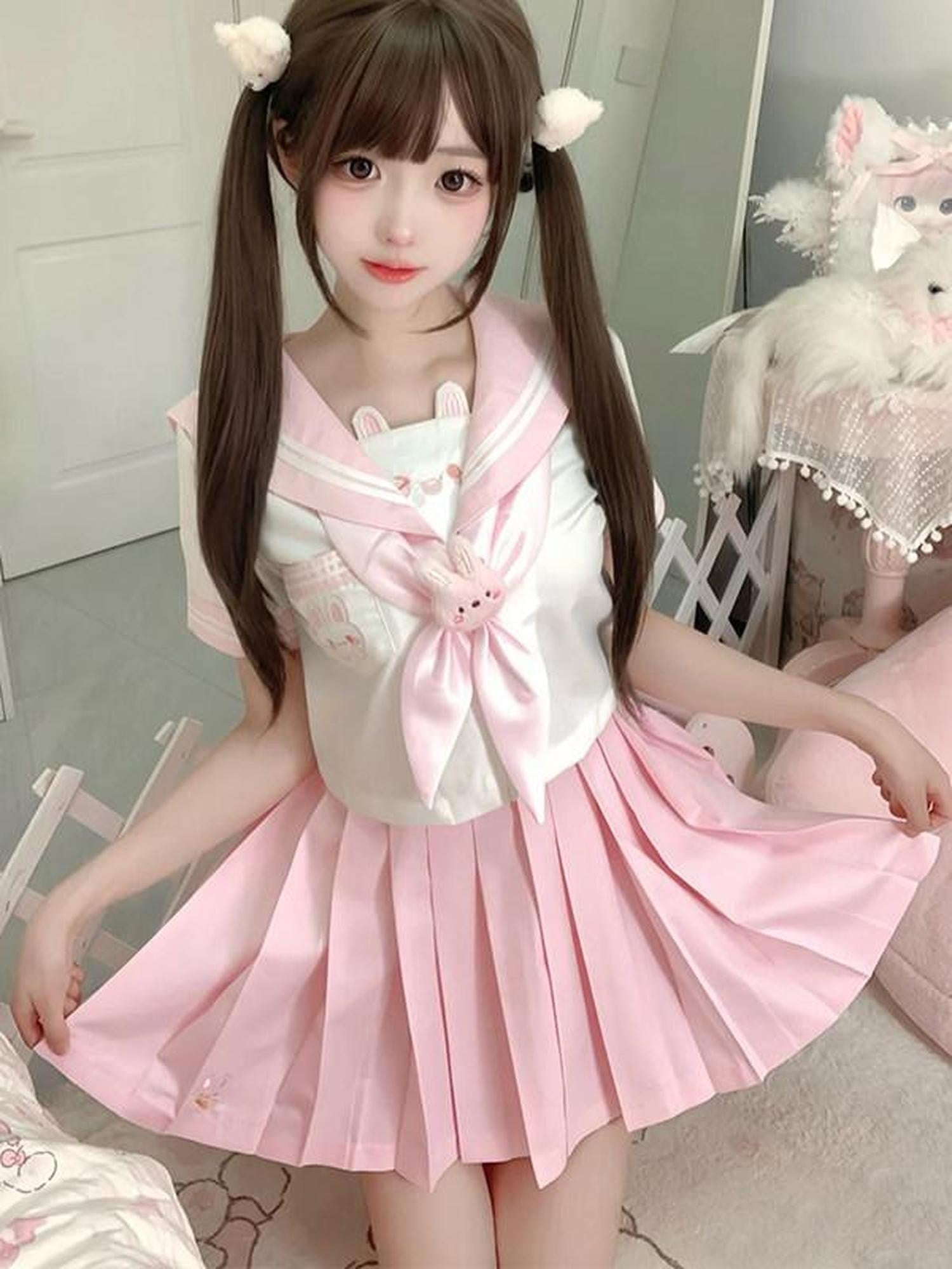 Sweet Kawaii JK Rabbit Sailor Collar Japanese Short Sleeve Short Skirt Women's Skirt Sets