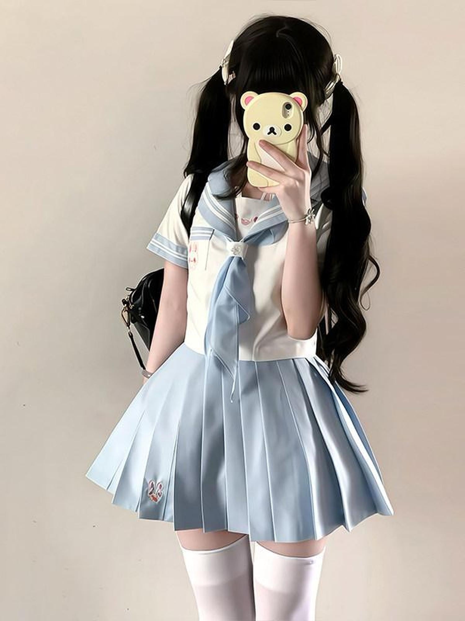 Sweet Kawaii JK Rabbit Sailor Collar Japanese Short Sleeve Short Skirt Women's Skirt Sets