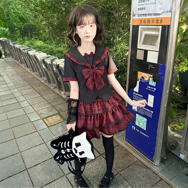 Sweet_Kawaii_JK_Red_Plaid_Cake_Skirt_Waist_Chain_Sailor_Collar_Bow_Women's_Polyester_Skirt_Sets_1052599244669_MISSTT