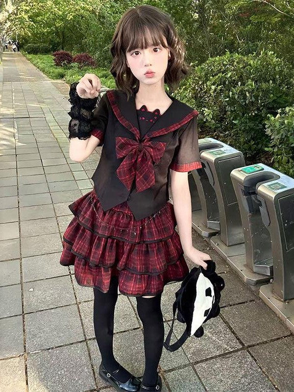 Sweet Kawaii JK Red Plaid Cake Skirt Waist Chain Sailor Collar Bow Women's Polyester Skirt Sets