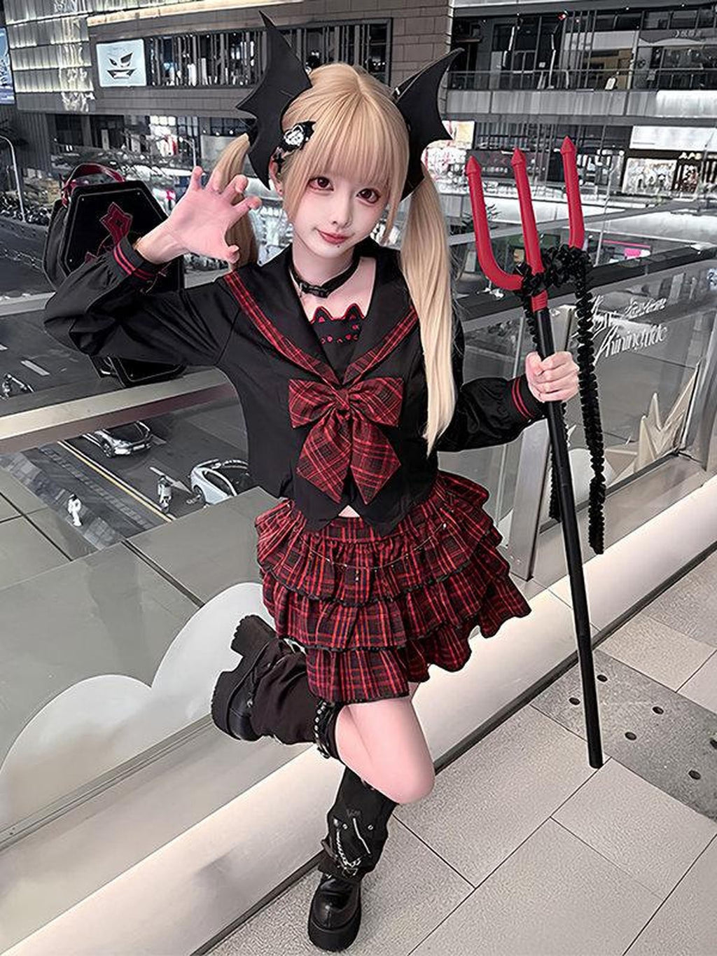 Sweet Kawaii JK Red Plaid Sailor Jk Necktie Tiered Skirt Women's Polyester Skirt Sets