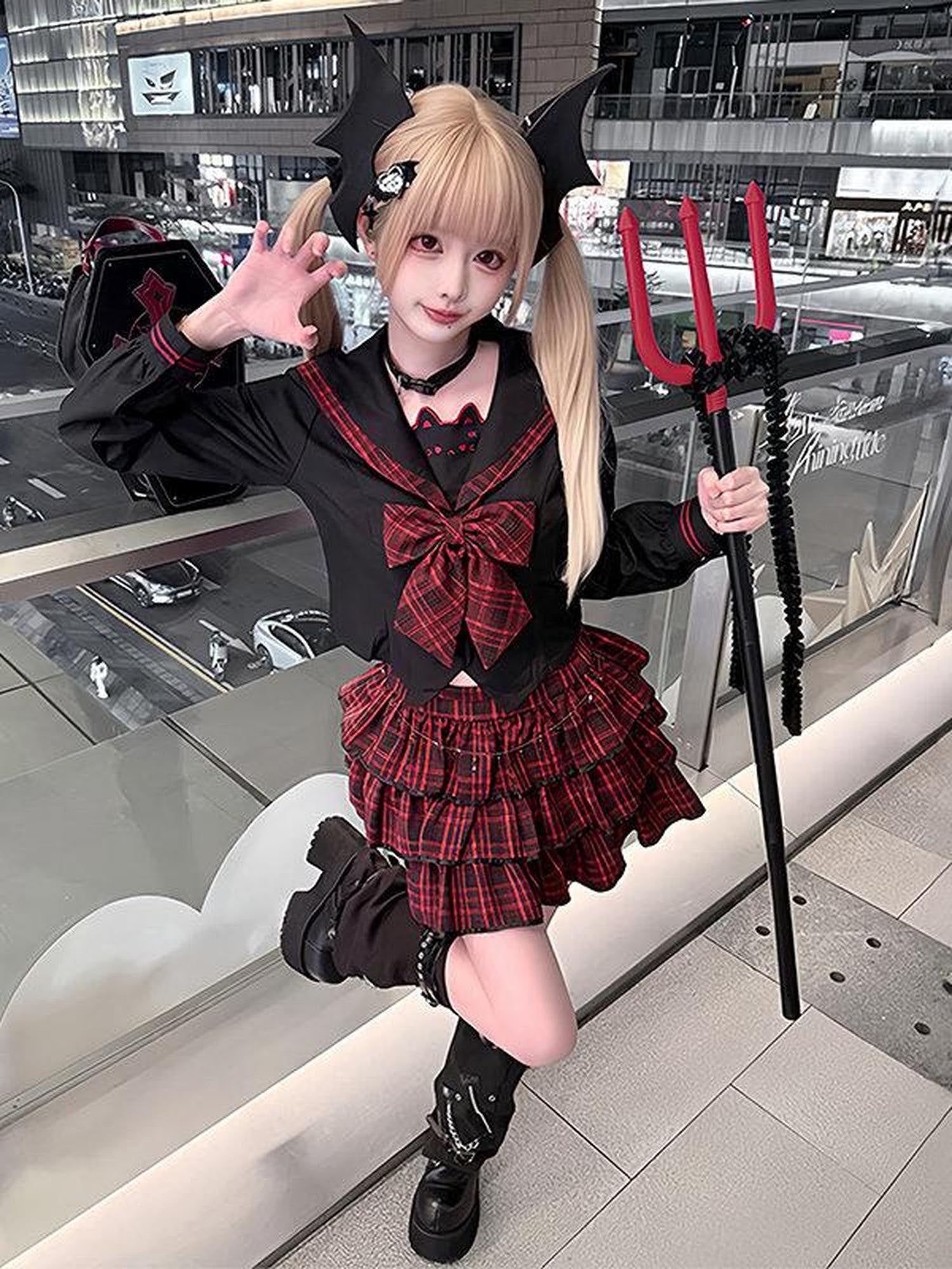 Sweet Kawaii JK Red Plaid Sailor Jk Necktie Tiered Skirt Women's Polyester Skirt Sets