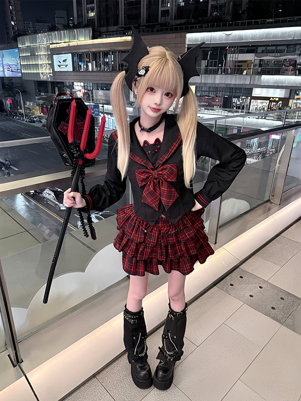 Sweet Kawaii JK Red Plaid Sailor Jk Necktie Tiered Skirt Women's Polyester Skirt Sets