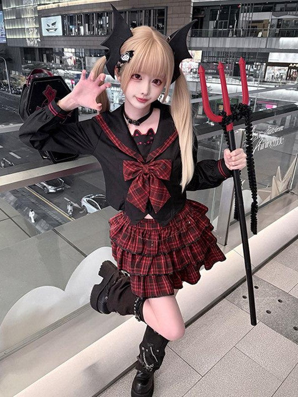 Sweet Kawaii JK Red Plaid Sailor Jk Necktie Tiered Skirt Women's Polyester Skirt Sets