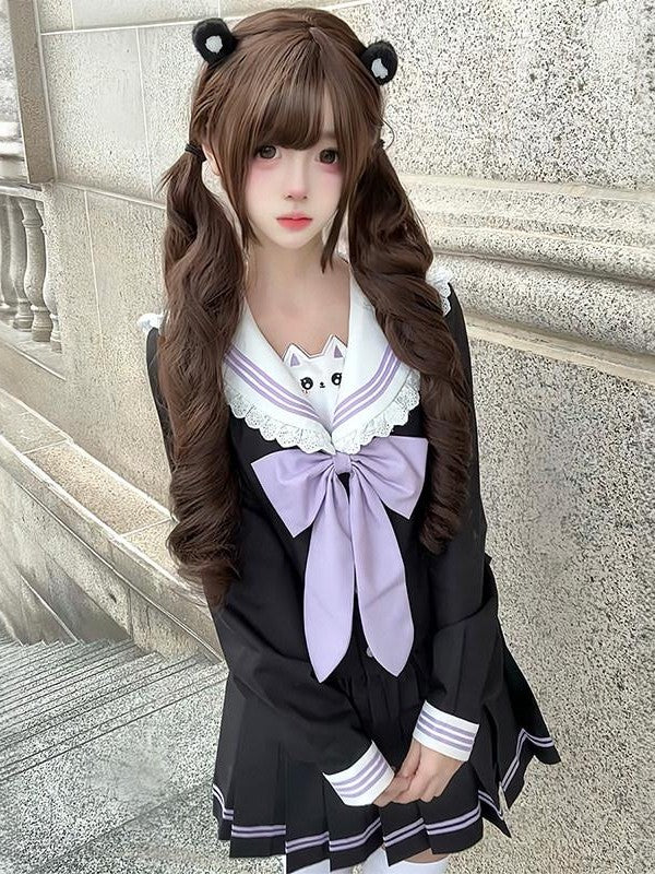 Sweet Kawaii JK Sailor Cinched Waist Short Skirt Long Sleeve Women's Skirt Sets