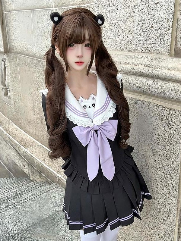 Sweet Kawaii JK Sailor Cinched Waist Short Skirt Long Sleeve Women's Skirt Sets