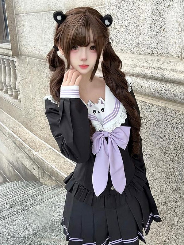 Sweet Kawaii JK Sailor Cinched Waist Short Skirt Long Sleeve Women's Skirt Sets