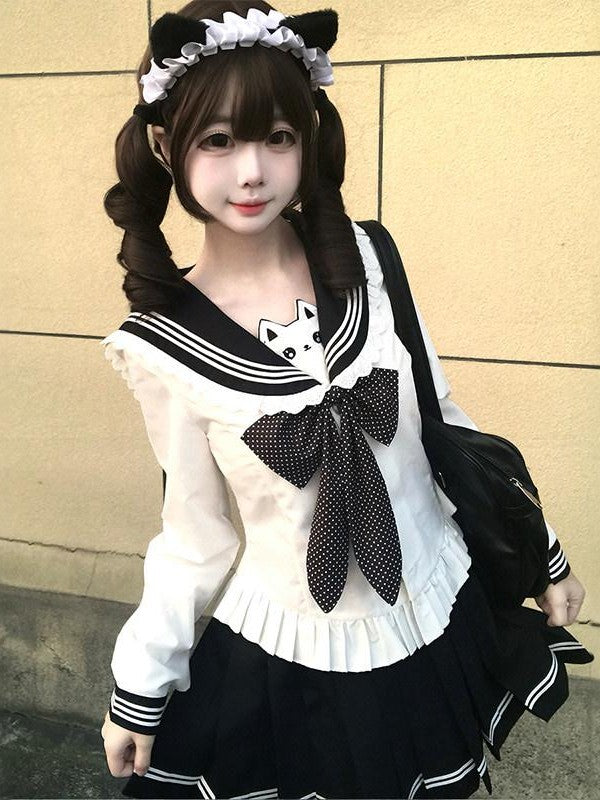 Sweet Kawaii JK Sailor Cinched Waist Short Skirt Long Sleeve Women's Skirt Sets