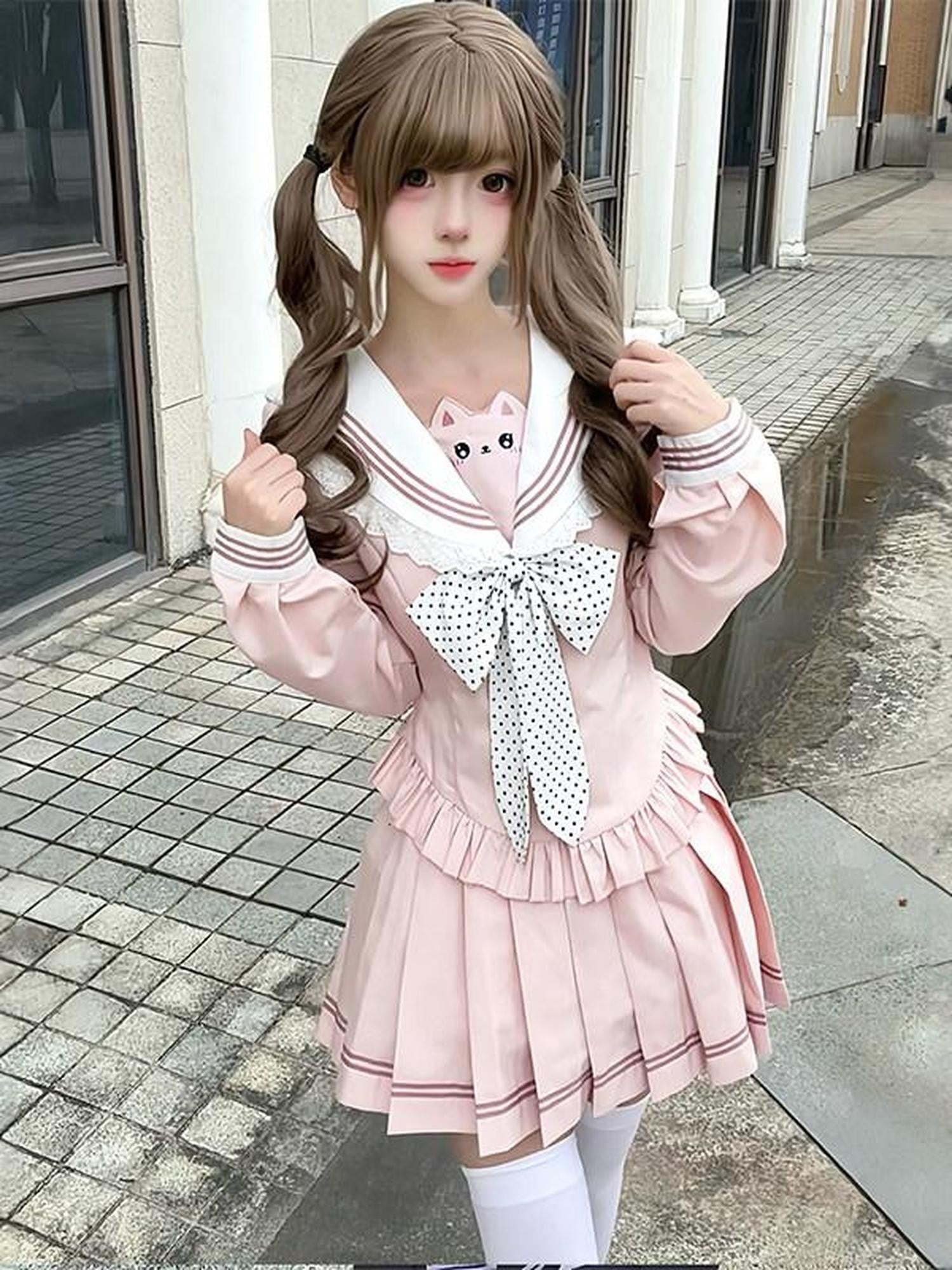 Sweet Kawaii JK Sailor Cinched Waist Short Skirt Long Sleeve Women's Skirt Sets