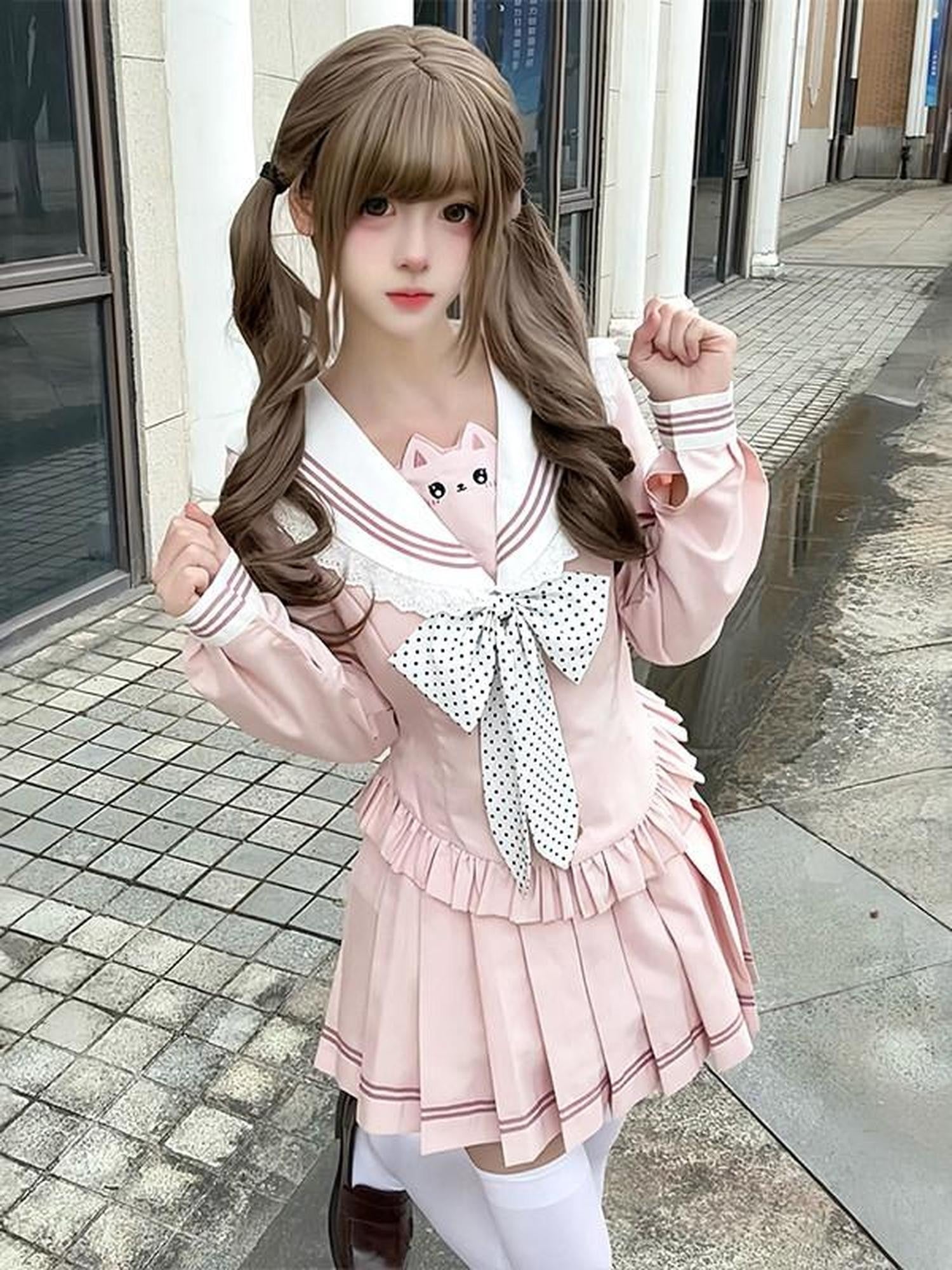 Sweet Kawaii JK Sailor Cinched Waist Short Skirt Long Sleeve Women's Skirt Sets