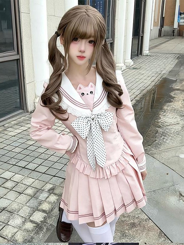 Sweet Kawaii JK Sailor Cinched Waist Short Skirt Long Sleeve Women's Skirt Sets