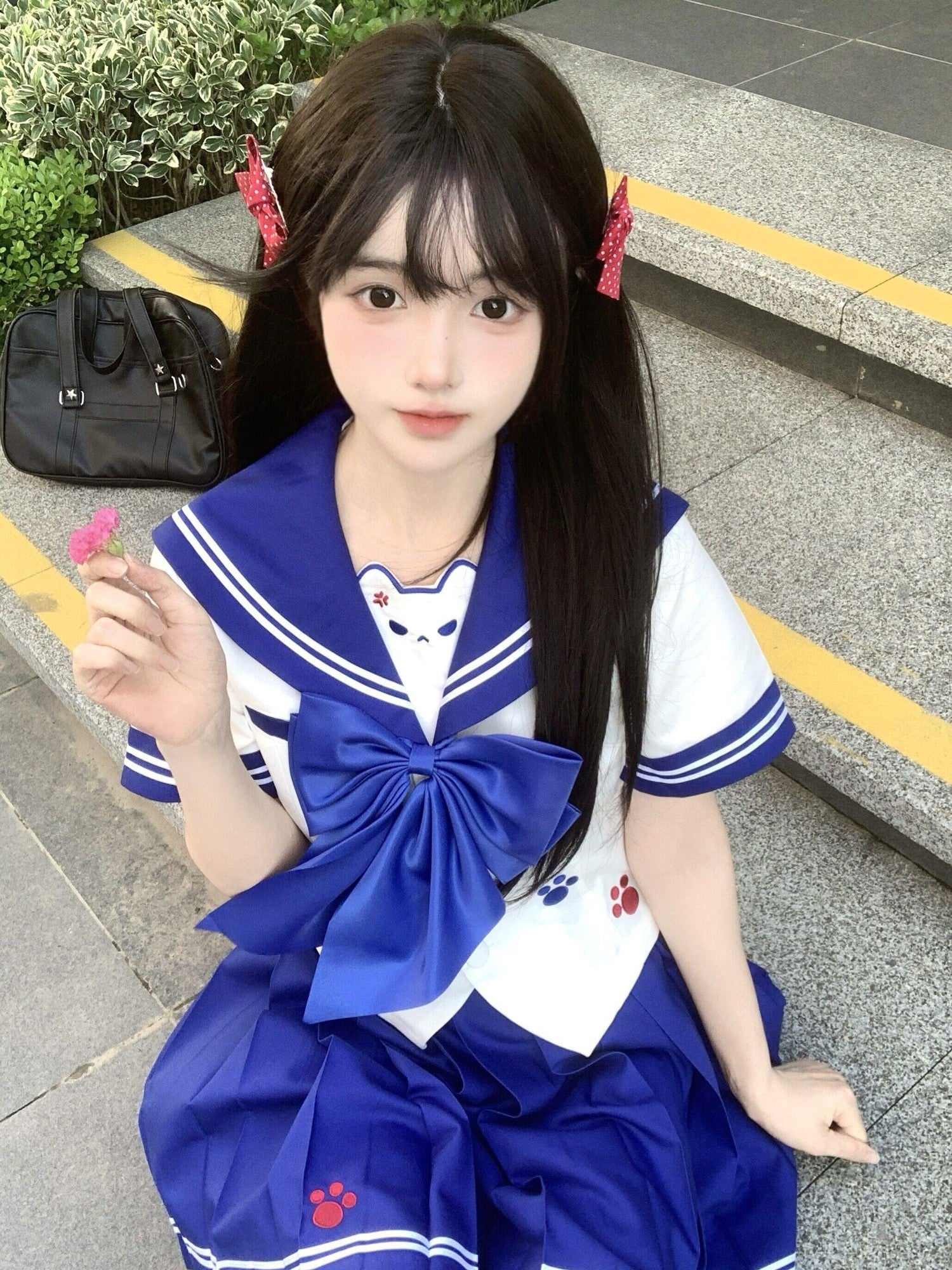 Sweet Kawaii JK Sailor Collar Cinched Waist Bow Tie Women's Polyester Skirt Sets
