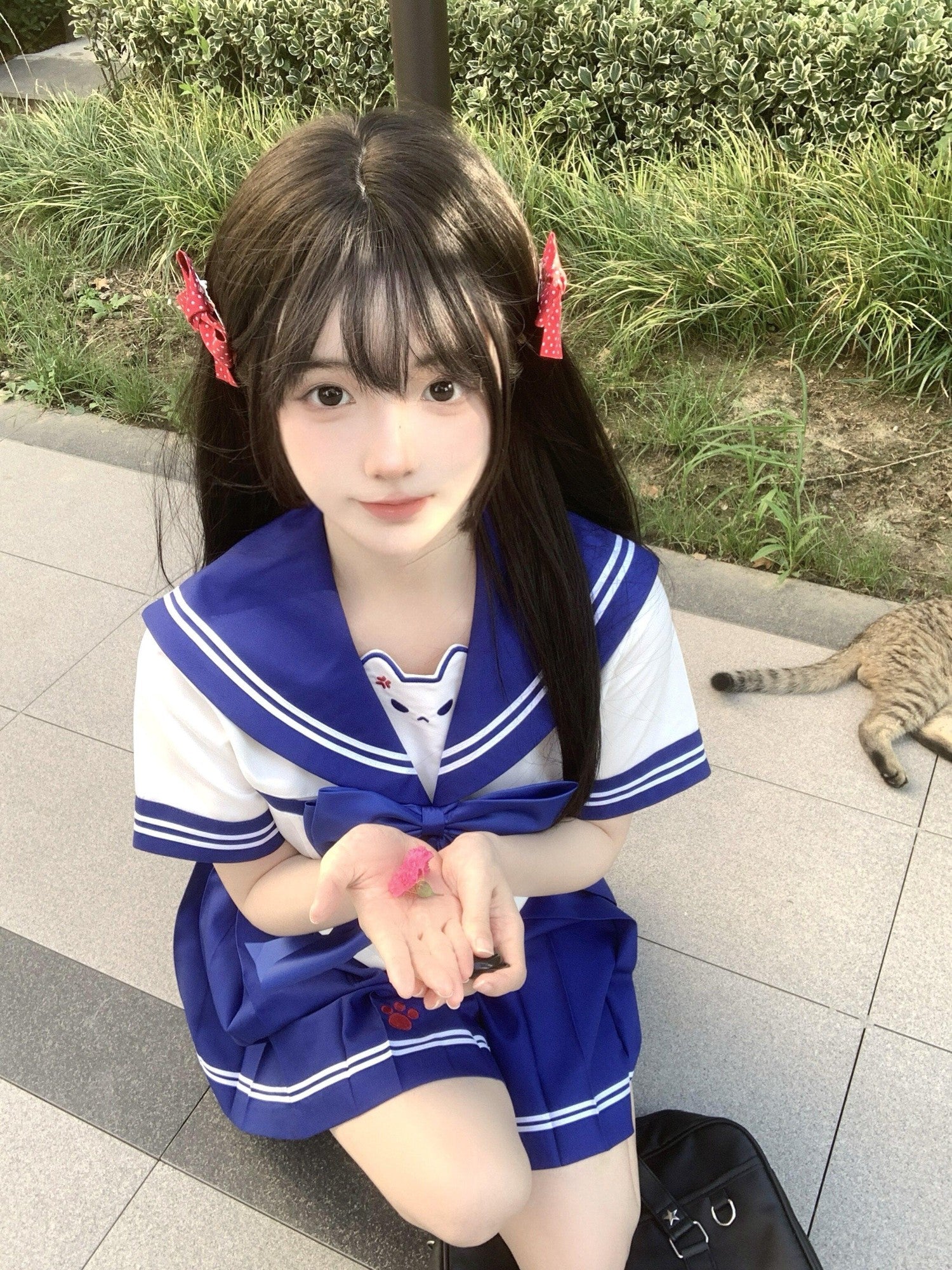 Sweet Kawaii JK Sailor Collar Cinched Waist Bow Tie Women's Polyester Skirt Sets