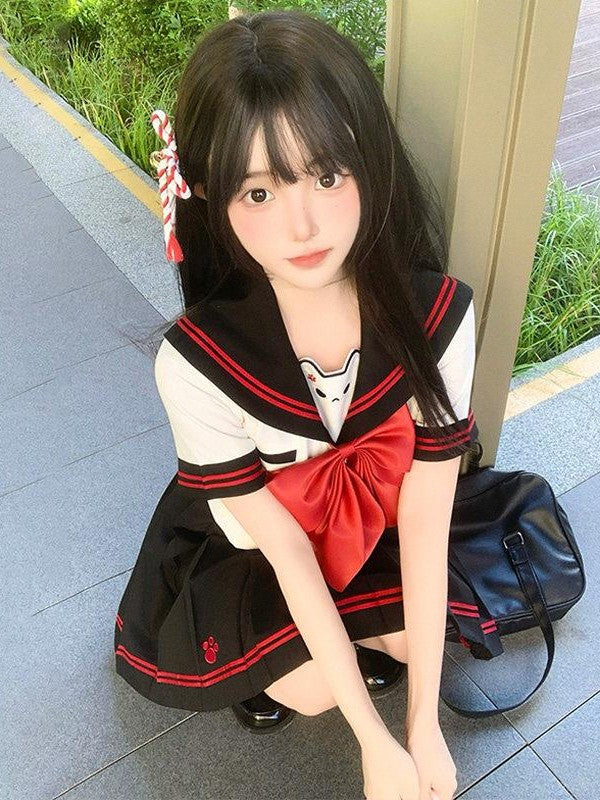 Sweet Kawaii JK Sailor Collar Cinched Waist Bow Tie Women's Polyester Skirt Sets