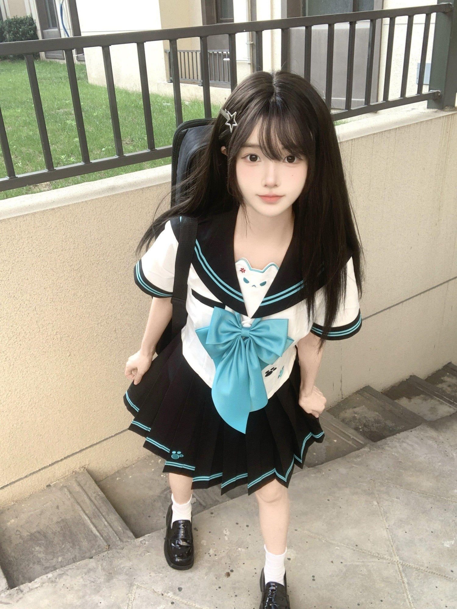 Sweet Kawaii JK Sailor Collar Cinched Waist Bow Tie Women's Polyester Skirt Sets