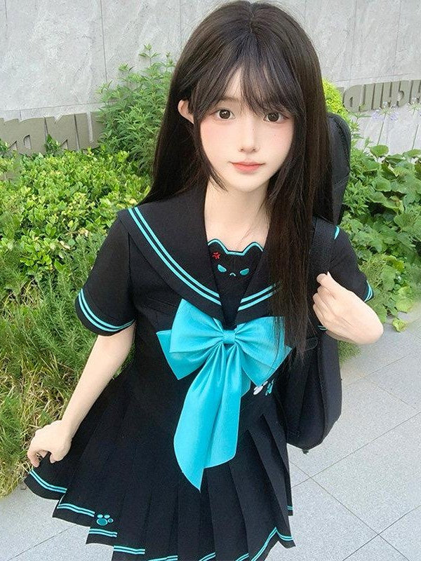 Sweet Kawaii JK Sailor Collar Cinched Waist Bow Tie Women's Polyester Skirt Sets