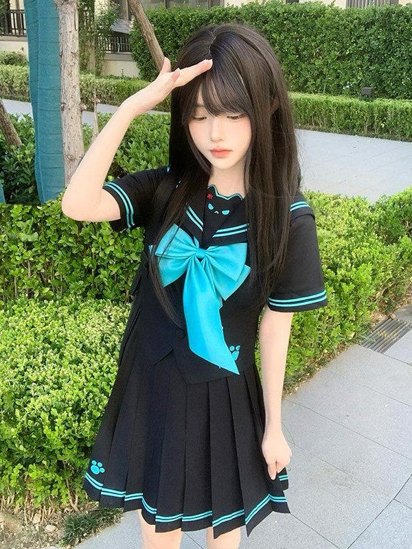 Sweet Kawaii JK Sailor Collar Cinched Waist Bow Tie Women's Polyester Skirt Sets