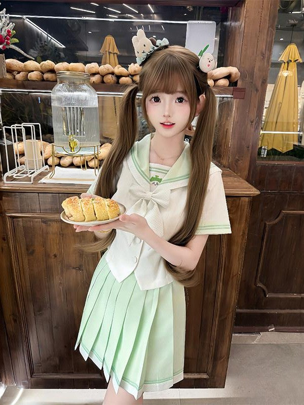 Sweet Kawaii JK Sailor Collar Waist Cinched Short Sleeve Women's Polyester Skirt Sets