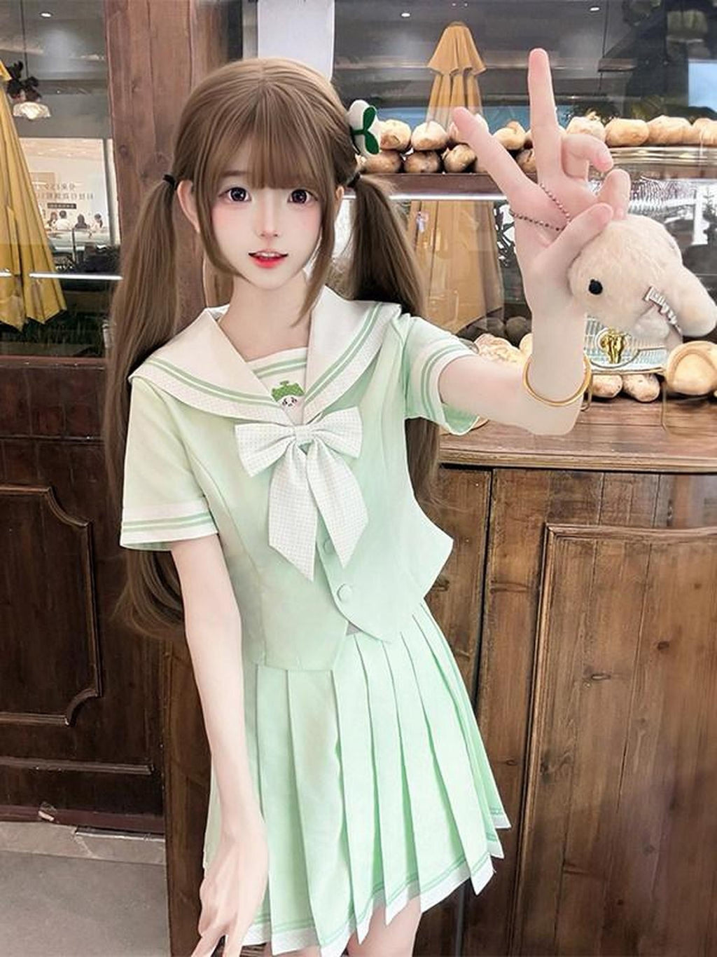 Sweet Kawaii JK Sailor Collar Waist Cinched Short Sleeve Women's Polyester Skirt Sets