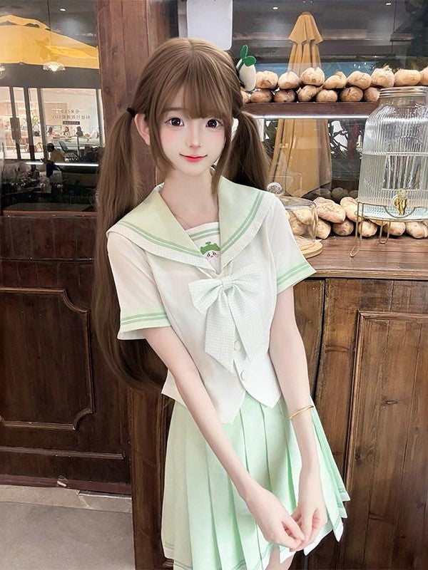 Sweet Kawaii JK Sailor Collar Waist Cinched Short Sleeve Women's Polyester Skirt Sets