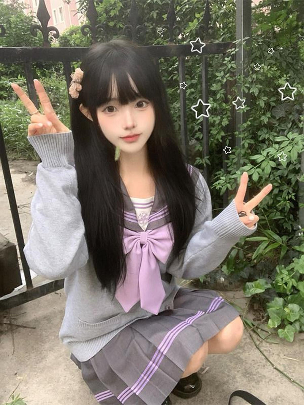 Sweet Kawaii JK Star Mist Gauze Jk Sailor Waist Cinched Long Sleeve Women's Polyester Skirt Sets