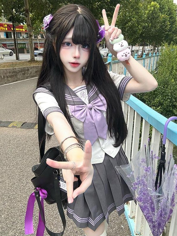 Sweet Kawaii JK Star Mist Gauze Sailor Collar Cinched Waist Women's Polyester Skirt Sets
