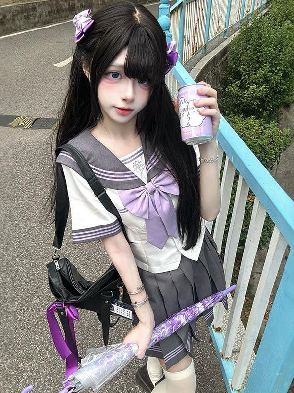 Sweet Kawaii JK Star Mist Gauze Sailor Collar Cinched Waist Women's Polyester Skirt Sets