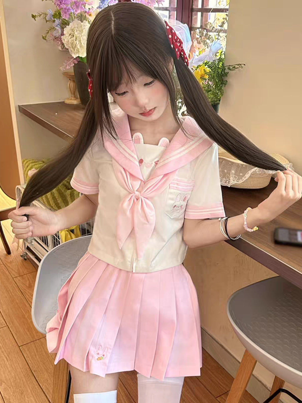 Sweet Kawaii JK Sweet Cute Japanese Sailor Collar Bow Short Sleeve Women's Skirt Sets