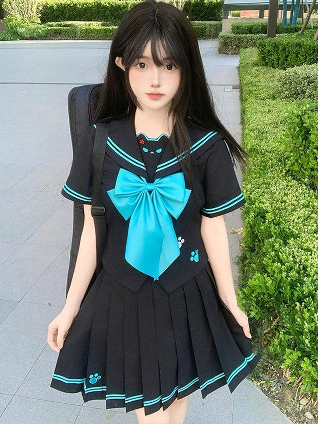 Sweet Kawaii JK Sweet Cute Waist Cinched Sailor Collar Jk Women's Polyester Skirt Sets