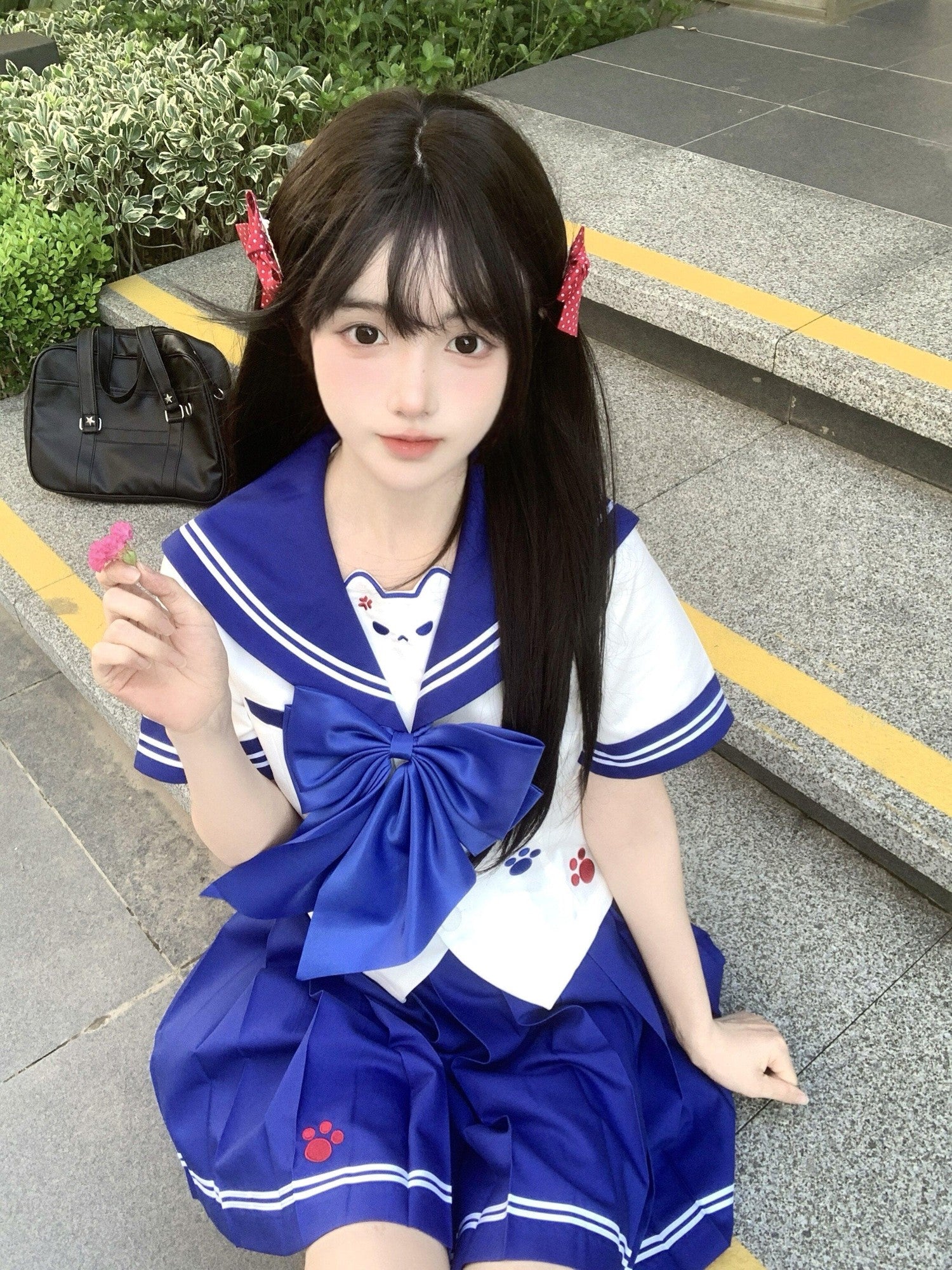 Sweet Kawaii JK Sweet Cute Waist Cinched Sailor Collar Jk Women's Polyester Skirt Sets
