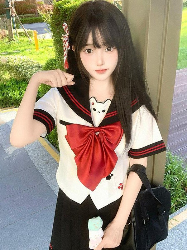 Sweet Kawaii JK Sweet Cute Waist Cinched Sailor Collar Jk Women's Polyester Skirt Sets