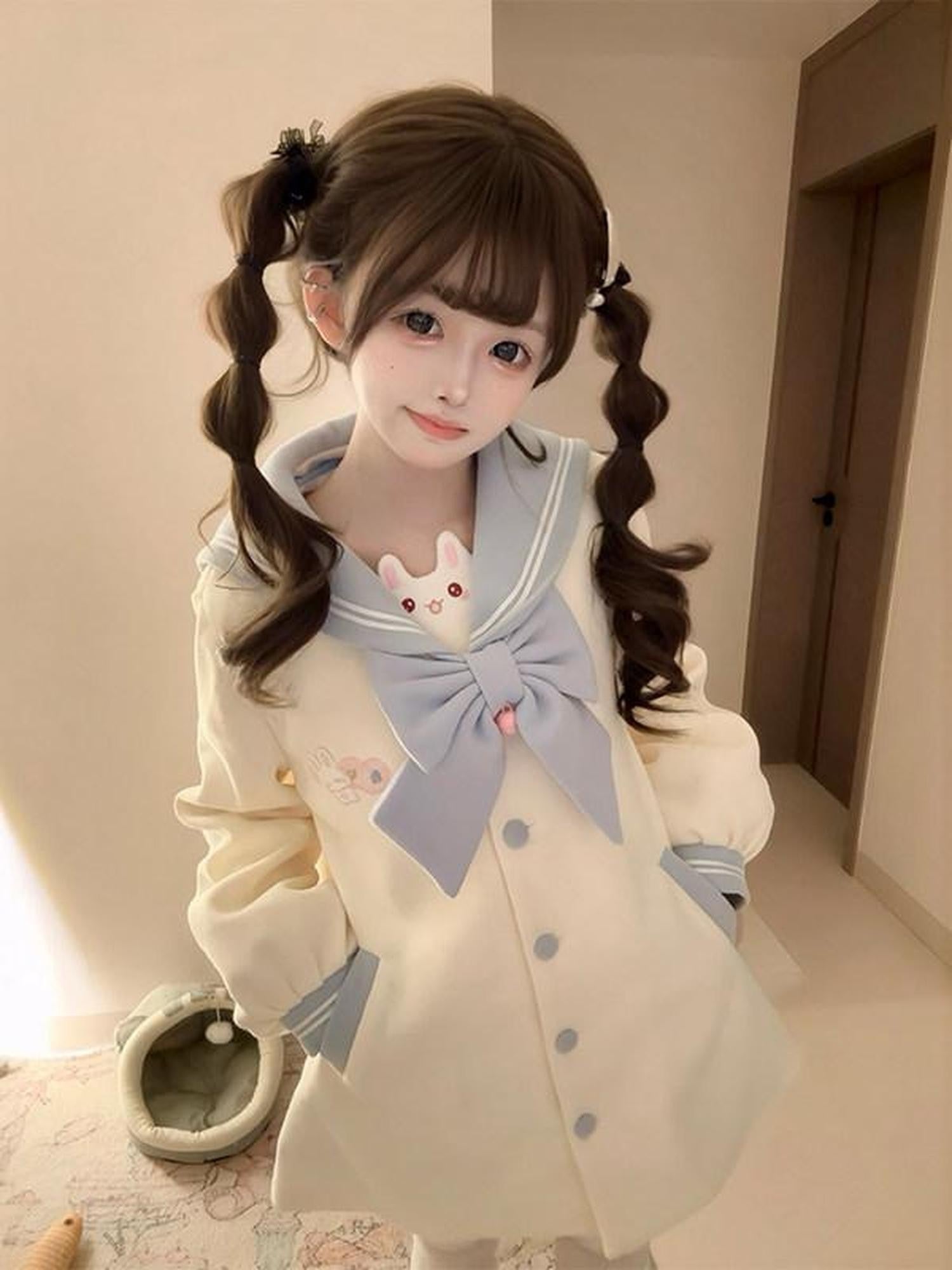 Sweet Kawaii JK Sweet Embroidered Bow Rabbit Tail Women's New Polyester Fiber Coats