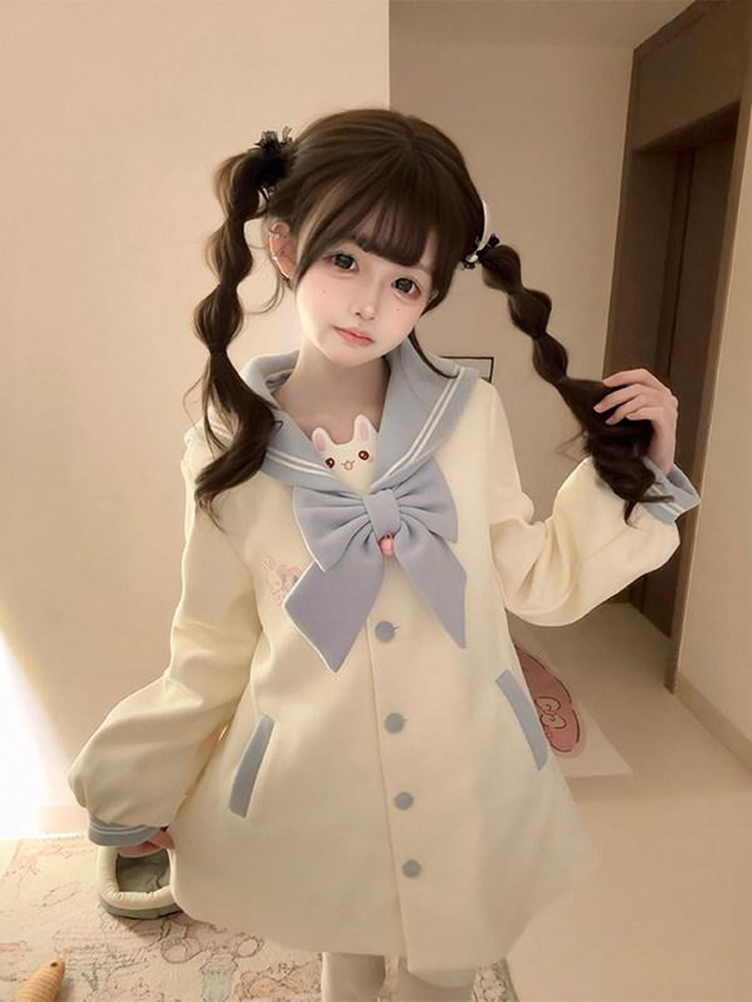 Sweet Kawaii JK Sweet Embroidered Bow Rabbit Tail Women's New Polyester Fiber Coats
