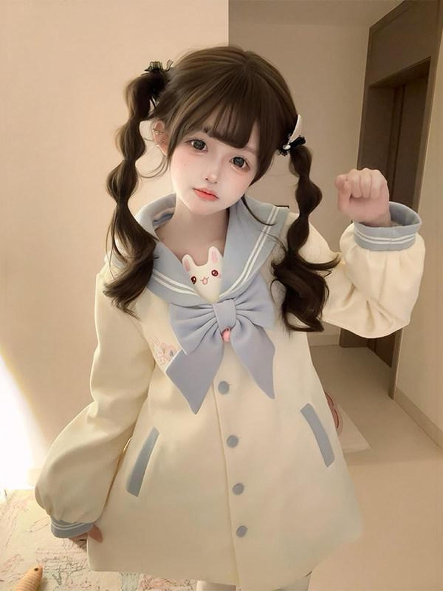 Sweet Kawaii JK Sweet Embroidered Bow Rabbit Tail Women's New Polyester Fiber Coats