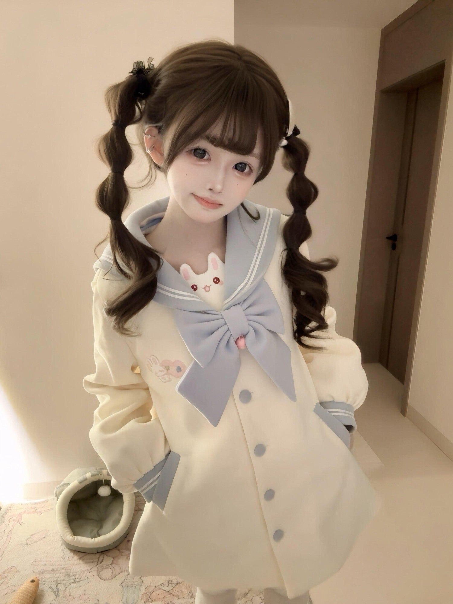 Sweet Kawaii JK Sweet Embroidered Bow Rabbit Tail Women's New Polyester Fiber Coats