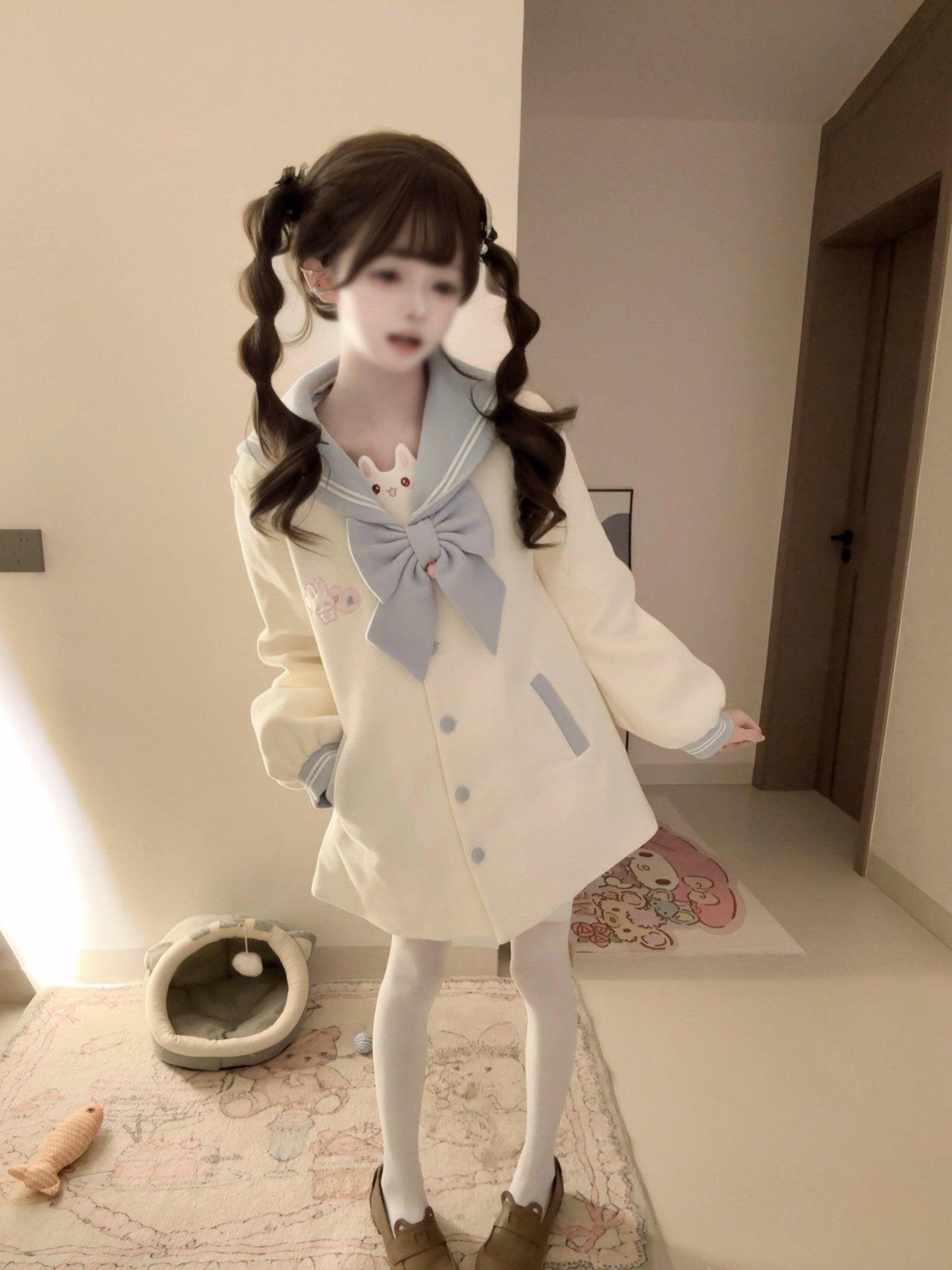 Sweet Kawaii JK Sweet Embroidered Bow Rabbit Tail Women's New Polyester Fiber Coats