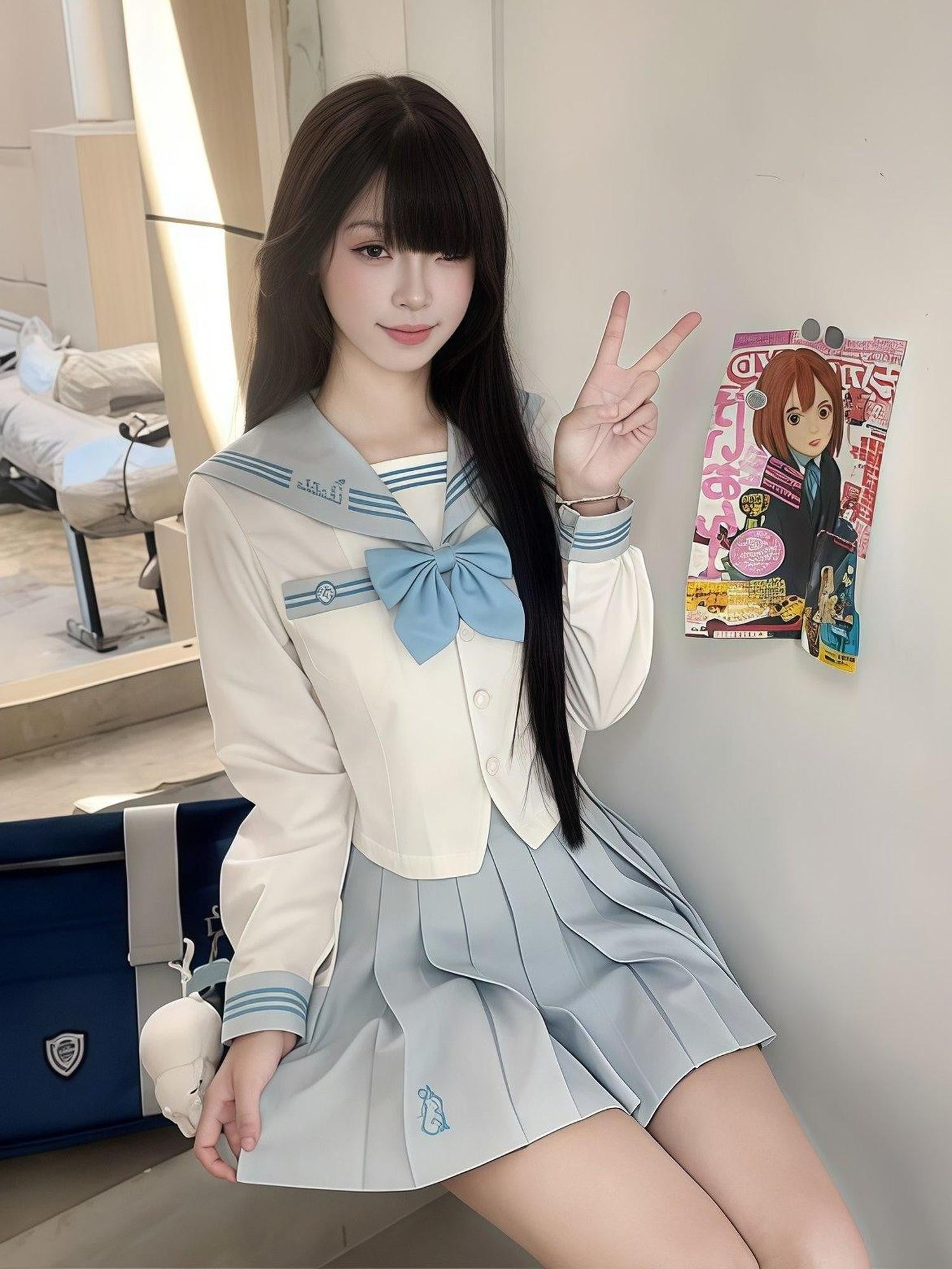 Sweet Kawaii JK Waist Cinched Pleated Sailor Long Sleeve Rabbit Ear Bow Women's Skirt Sets