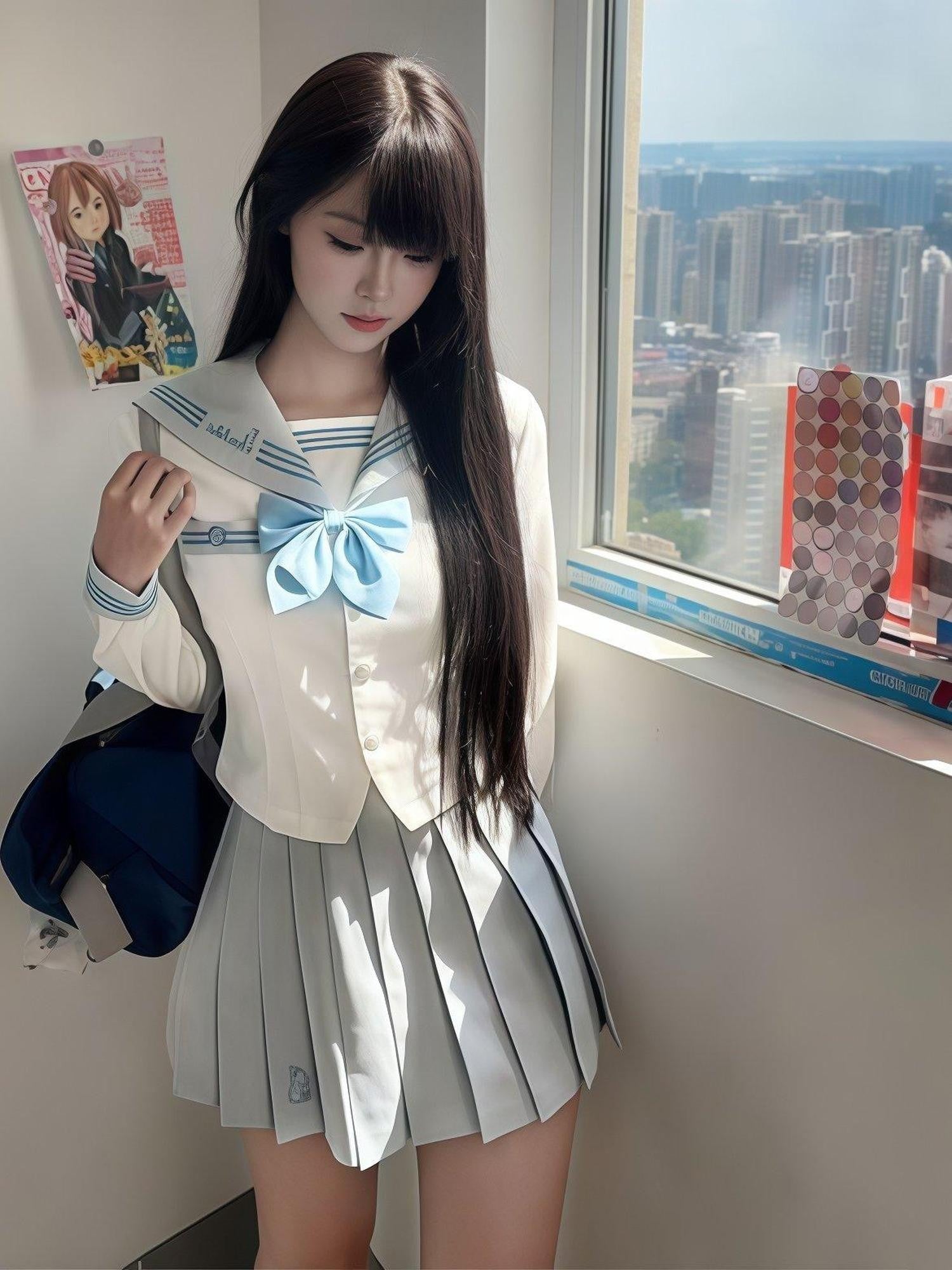 Sweet Kawaii JK Waist Cinched Pleated Sailor Long Sleeve Rabbit Ear Bow Women's Skirt Sets
