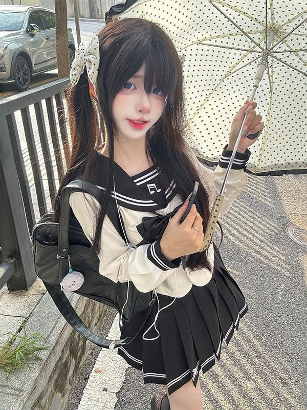 Sweet Kawaii JK Waist Cinched Sailor Collar Short Skirt Women's Polyester Skirt Sets