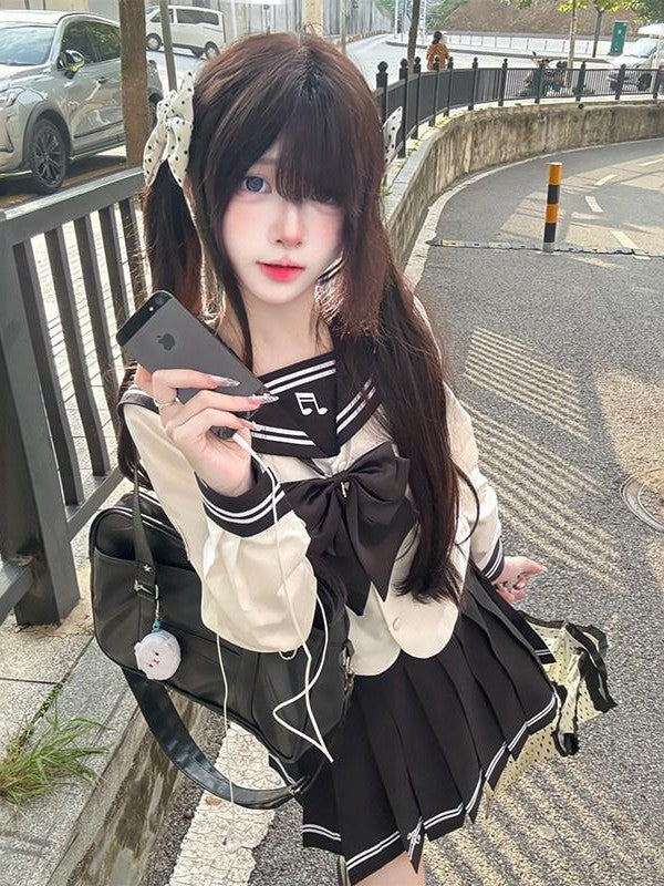 Sweet Kawaii JK Waist Cinched Sailor Collar Short Skirt Women's Polyester Skirt Sets
