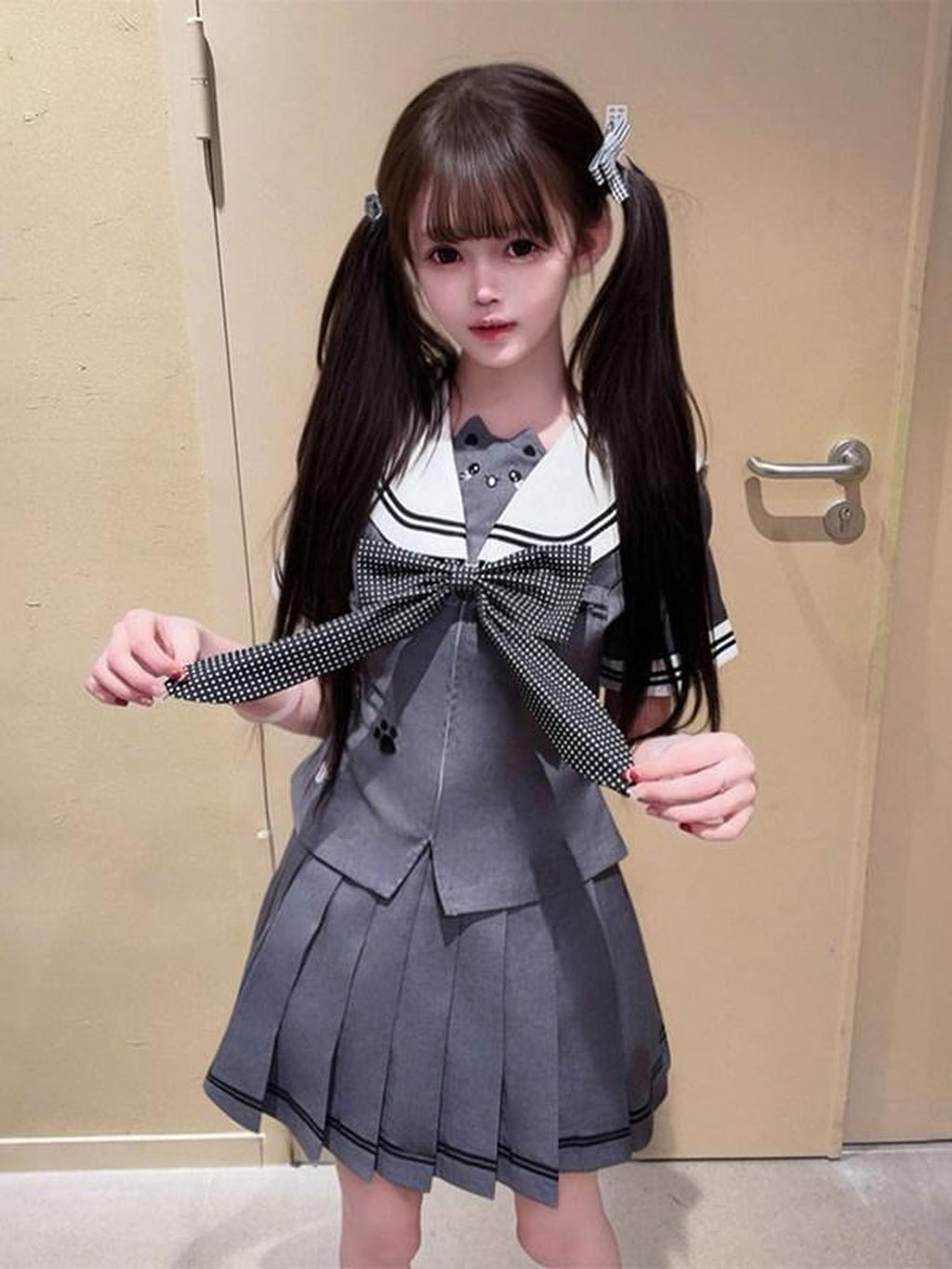 Sweet Kawaii JK Waist Cinched Sailor Jk Short Sleeve Polka Dot Bow Women's Polyester Skirt Sets