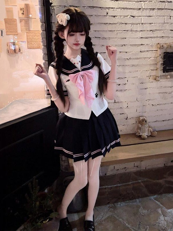 Sweet Kawaii JK Waist Cinched Sailor Jk Short Sleeve Polka Dot Bow Women's Polyester Skirt Sets