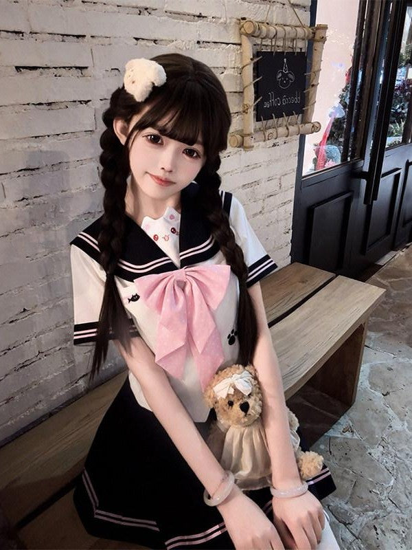 Sweet Kawaii JK Waist Cinched Sailor Jk Short Sleeve Polka Dot Bow Women's Polyester Skirt Sets