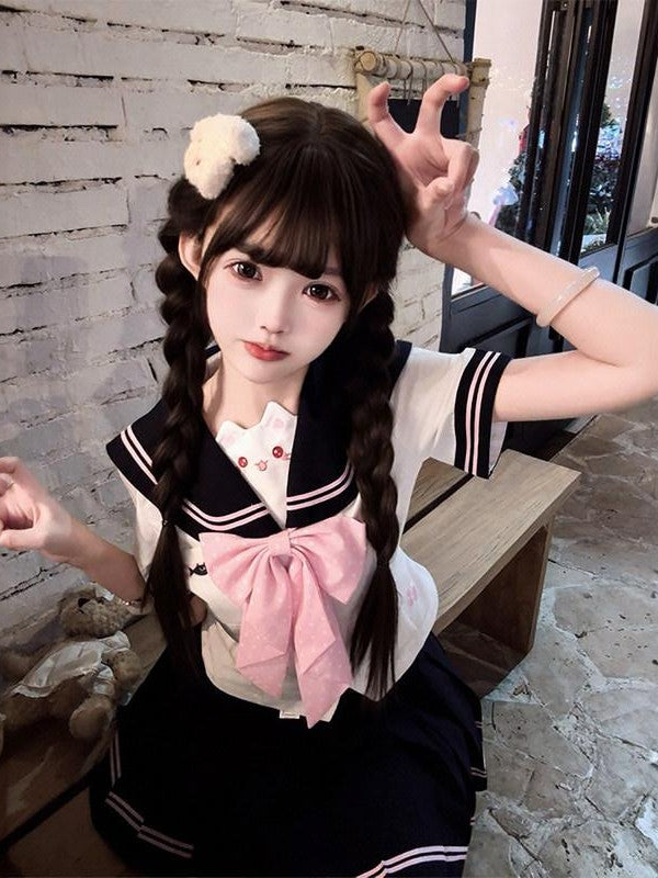 Sweet Kawaii JK Waist Cinched Sailor Jk Short Sleeve Polka Dot Bow Women's Polyester Skirt Sets